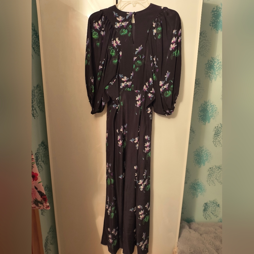 Les Reveries 100% Silk Midi Black Floral Dress Sz 6 NEW - Picture 4 of 7